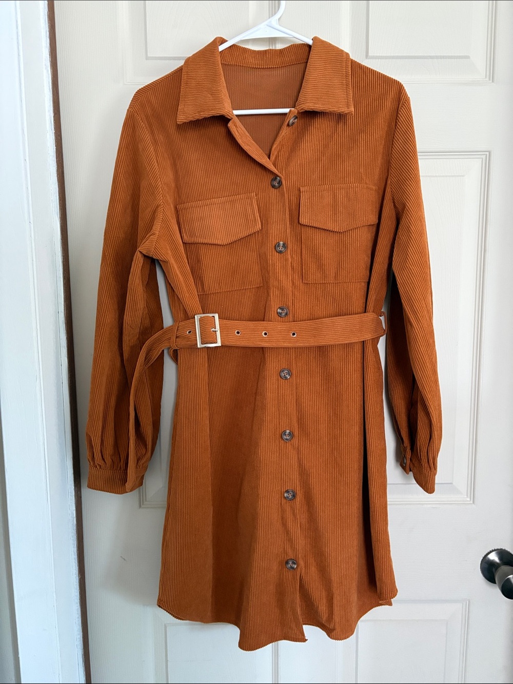 Corduroy Belted Shirt Dress in Rust - Size Large